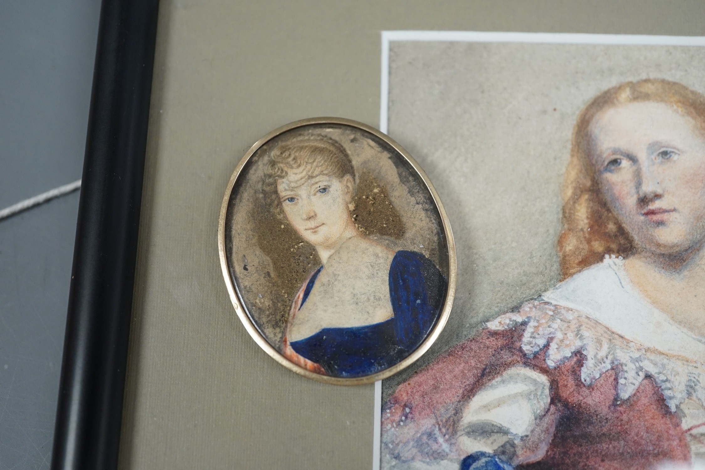 English school late 19th century, watercolour of a redheaded girl and a portrait miniature on card